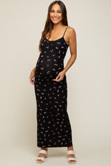 Black Floral Ribbed Maternity Maxi Dress