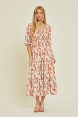 Peach Floral Smocked Tiered Maternity Maxi Dress