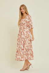 Peach Floral Smocked Tiered Maxi Dress