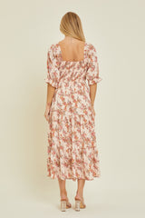 Peach Floral Smocked Tiered Maxi Dress