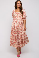 Peach Floral Smocked Tiered Maternity Maxi Dress