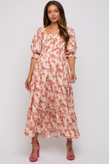 Peach Floral Smocked Tiered Maternity Maxi Dress