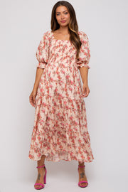 Peach Floral Smocked Tiered Maternity Maxi Dress