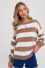 Mocha Fuzzy Soft Striped Sweater