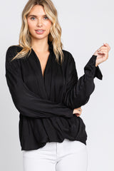 Black Draped Wrap Collared Top