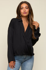 Black Draped Wrap Collared Maternity Top