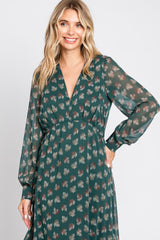 Forest Green Leaf Print Balloon Sleeve Maxi Dress