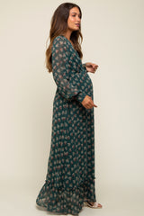 Forest Green Leaf Print Balloon Sleeve Maternity Maxi Dress