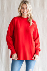 Red Knit Mock Neck Long Sleeve Top