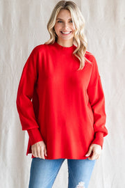 Red Knit Mock Neck Long Sleeve Top