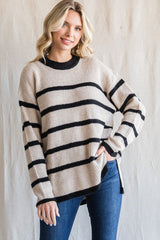 Beige Striped Knit Lightweight Sweater