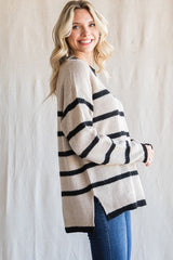 Beige Striped Knit Lightweight Sweater