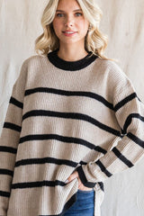 Beige Striped Knit Lightweight Sweater