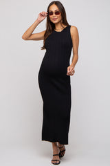 Black Sleeveless Ribbed Maternity Maxi Dress