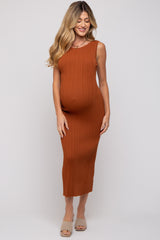 Rust Sleeveless Ribbed Maternity Maxi Dress