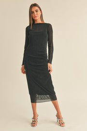 Black Shimmer Mesh Long Sleeve Ruched Midi Dress