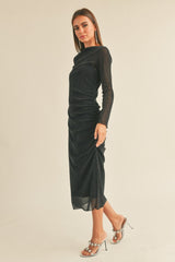 Black Shimmer Mesh Long Sleeve Ruched Midi Dress