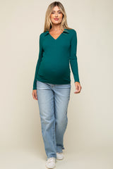 Teal Ribbed Collared Long Sleeve Maternity Top