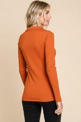 Rust Ribbed Collared Long Sleeve Top