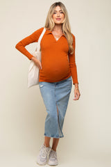 Rust Ribbed Collared Long Sleeve Maternity Top