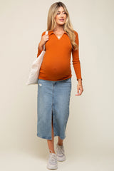 Rust Ribbed Collared Long Sleeve Maternity Top