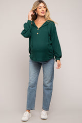 Forest Green Button Accent Hooded Maternity Henley Top