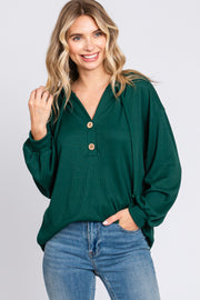 Forest Green Button Accent Hooded Henley Top