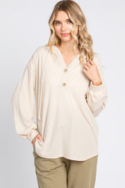 Beige Button Accent Hooded Henley Top