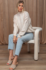 Beige Knit Sequin Mock Neck Maternity Sweater