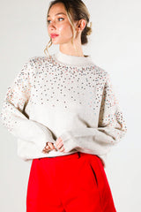 Beige Knit Sequin Mock Neck Sweater