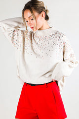 Beige Knit Sequin Mock Neck Sweater