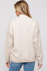 Beige Knit Sequin Mock Neck Maternity Sweater