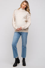 Beige Knit Sequin Mock Neck Maternity Sweater