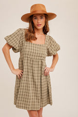 Light Olive Plaid Square Neck Short Puff Sleeve Maternity Dress