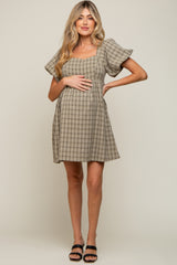 Light Olive Plaid Square Neck Short Puff Sleeve Maternity Dress