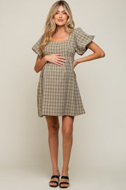 Light Olive Plaid Square Neck Short Puff Sleeve Maternity Dress