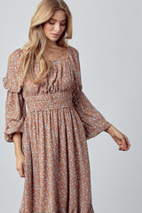 Mocha Ditsy Floral Midi Dress