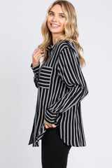 Black Striped Front Pocket Button Down Side Slit Top