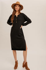 Black Waffle Knit Long Sleeve Midi Dress