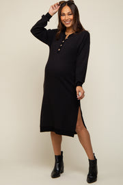 Black Waffle Knit Long Sleeve Maternity Midi Dress