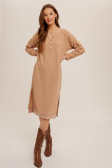 Taupe Waffle Knit Long Sleeve Maternity Midi Dress