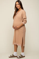 Taupe Waffle Knit Long Sleeve Maternity Midi Dress