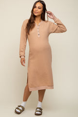 Taupe Waffle Knit Long Sleeve Maternity Midi Dress