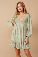 Sage Floral Smocked Long Sleeve Dress