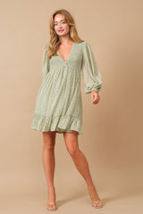 Sage Floral Smocked Long Sleeve Dress