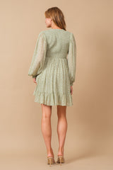 Sage Floral Smocked Long Sleeve Dress