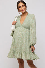 Sage Floral Smocked Long Sleeve Maternity Dress