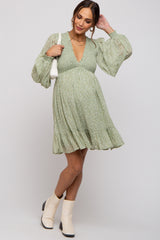 Sage Floral Smocked Long Sleeve Maternity Dress