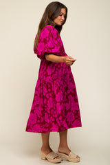 Magenta Floral Puff Sleeve Tiered Maternity Dress