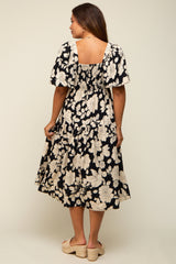 Black Floral Puff Sleeve Tiered Maternity Dress